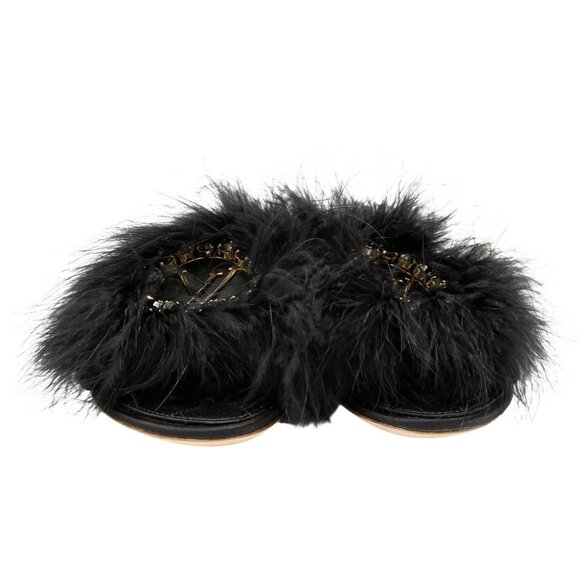 LOUIS VUITTON LV Logo Fur Flats Sandals #37 Rhinestone Black Gold Satin [105937] - Picture 2 of 9